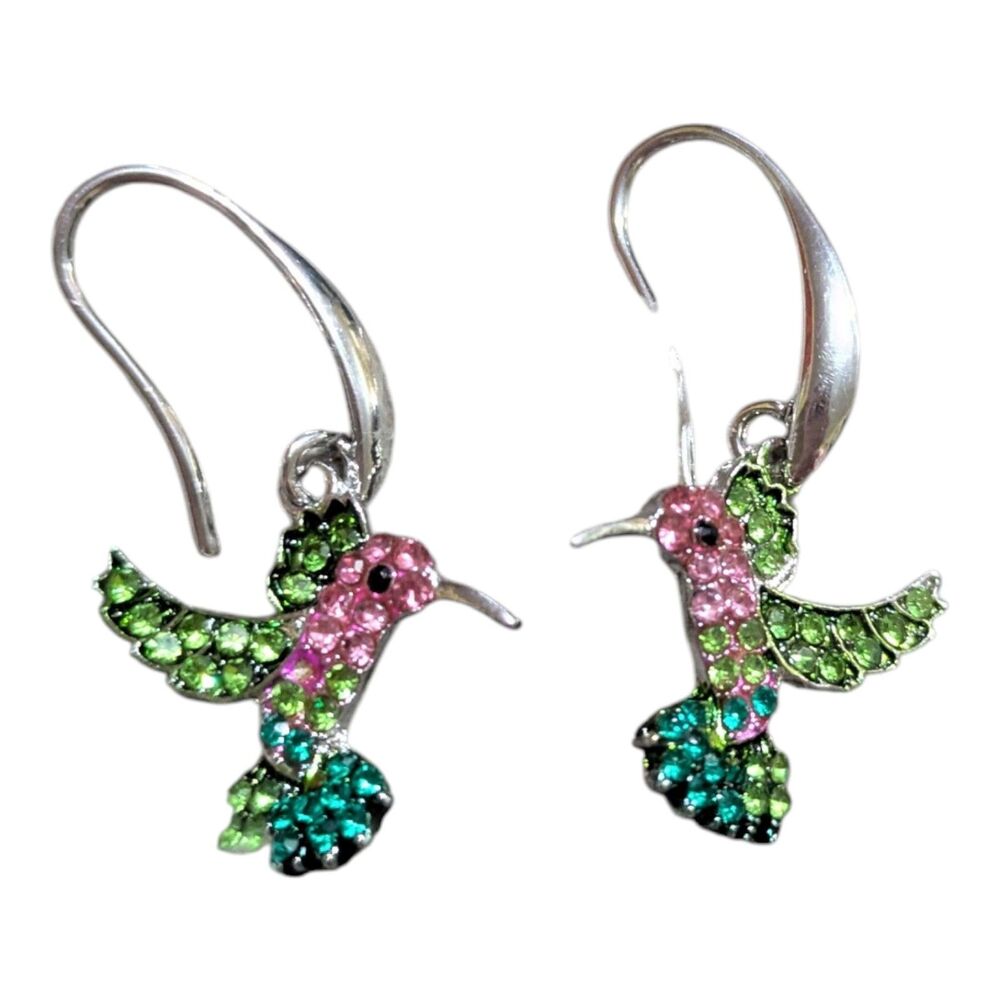 Hummingbird Rhinestone Dangle Earrings – Pink & Green Sparkle Bird Jewelry